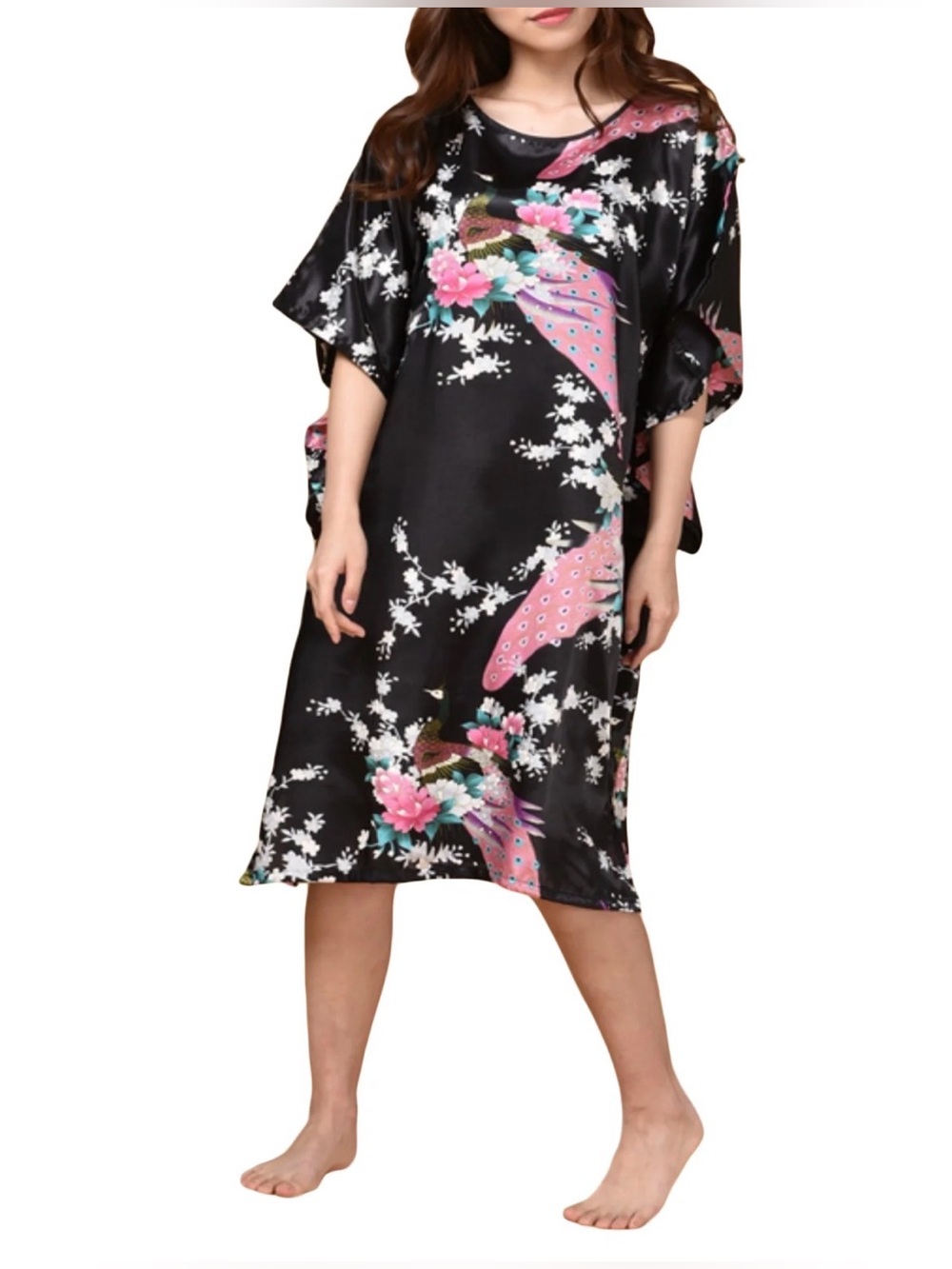 Vintage Shanghai Peacock Nightgown Kimono Gown Black